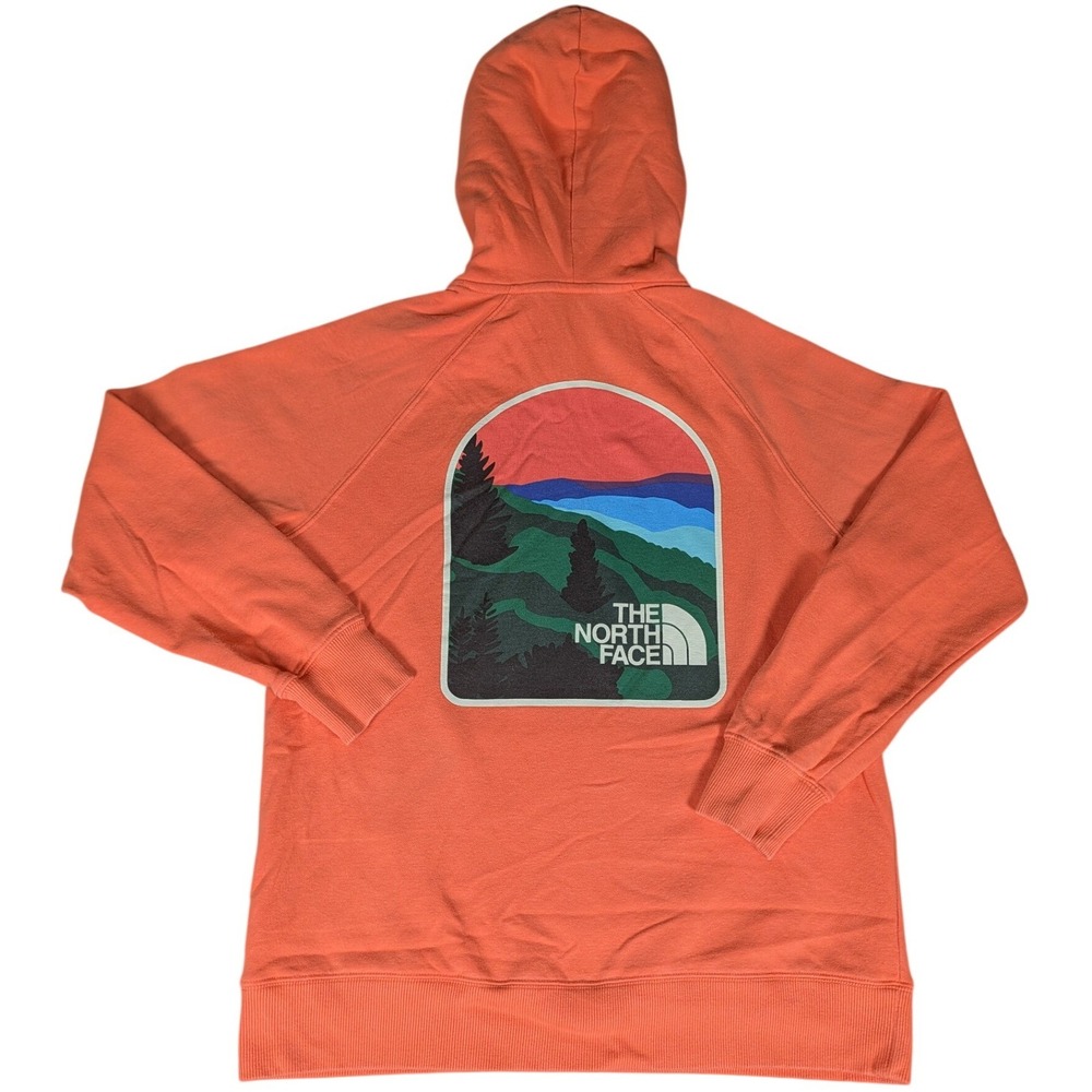 The North Face Hoodie Womens Small Coral Orange Mountain Graphic Excellent